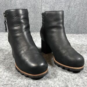 Sorel NL2547 Black Leather Ankle Boots Womens 8 Lug Sole Block Heel Zip